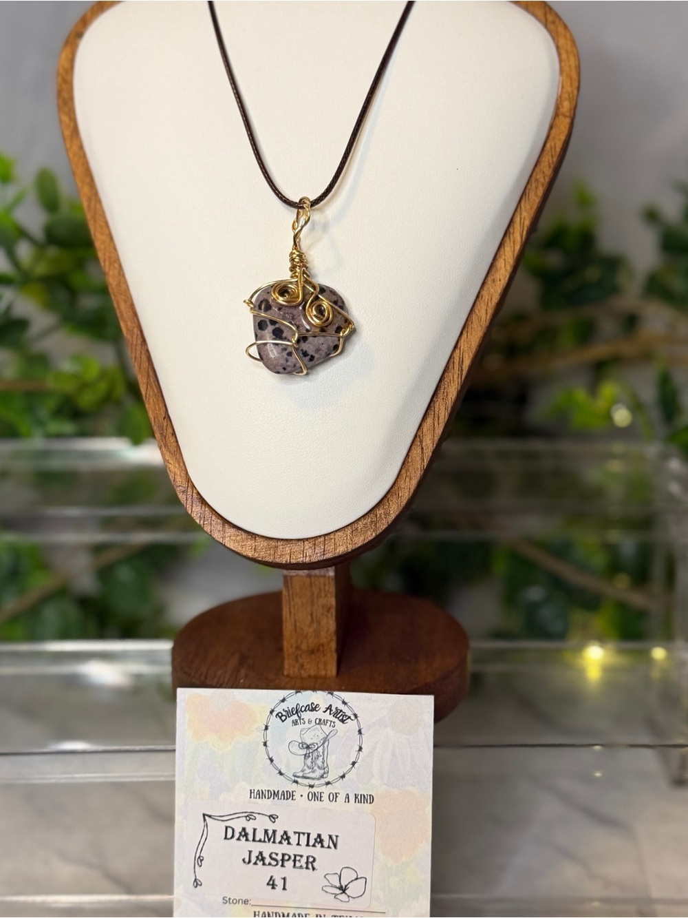 Handmade Dalmatian Jasper Pendant 20” Leather Cord Gold Wire Texas Gift